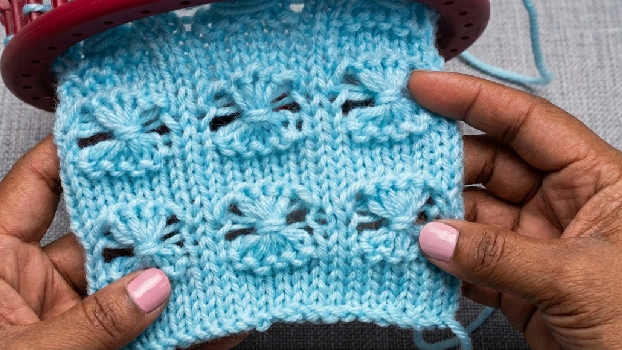 A close-up of hands holding a light blue loom-knitted fabric swatch featuring rows of the intricate Flowers in a Row stitch pattern on a red round knitting loom. Copyright Loomahat 
